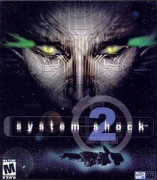 A gray feminine face with green cat-like eyes, covered in circuit-board patterns, looms over a spaceship floating in space. Between them is the game title: "System Shock 2".