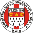 a red and white circular logo, around which is the written the full name of the club, in the centre is a shield which resembles the coat of arms of Cologne with the words "VfL Koln 1899" at the top