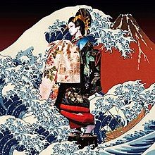 A woman dressed as an oiran against a red version of Hokusai's The Great Wave off Kanagawa