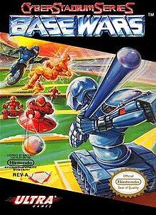 The cover art for the game features a stylized baseball field with one robot pitching, one batting, two fielding, and two fighting; the title says "Cyber Stadium Series Base Wars", and the logo for both Ultra Games and Nintendo are featured in the lower corners, respectively.