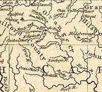 A 1781 map depicting the area between Hillsborough and Guilford Courthouse, and the Haw River