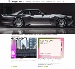 Screenshot of Designboom showing a photo of TVR Supercat on the top and two contents below it