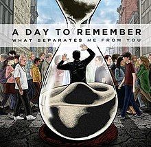 The back side of Jeremy McKinnon's face in animation is seen inside of a timer. People can be seen walking down the street in the background. Buildings appear on the left and the right of the screen respectively. "A Day to Remember" and "What Separates Me From You" underneath respectively can be seen in the top-middle of the image.