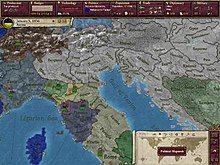 A preview image of Victoria II showing the political map mode, interfaces, in Northern Italy in 1836