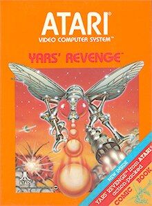 Cover art for Yars' Revenge. The top half reads "Atari Video Computer System" and below "Yars' Revenge". The bottom half displays a drawn image of a silver robotic fly in battle. On the bottom-right corner there is text that says, "New inside. Yars' Revenge from Atari action-packed comic book".