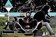 A cut-out picture of Sakanaction's band-members places in a landscape of grassy hills and black sky.