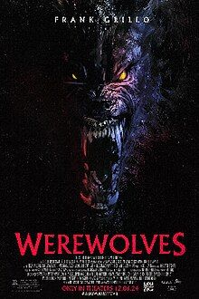 The face of a werewolf with yellow eyes and a long open mouth, bathed in red and blue light.