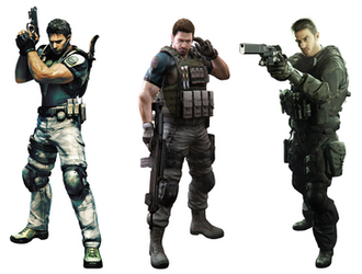 Three images depicting different concept and designs of Chris Redfield.