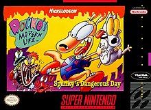 Box art for the video game Rocko's Modern Life: Spunky's Dangerous Bay, featuring the two characters Rocko and Spunky being chased by animals.