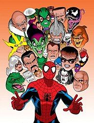 Spider-Man in front of multiple characters' heads.