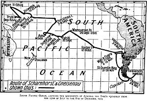 Map of depicting various pacific islands and the dates at which Spee arrived at them.