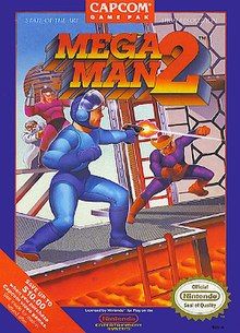 Artwork of a navy blue, vertical rectangular box. The top portion reads "Mega Man 2", while the artwork depicts a humanoid figure in a blue outfit firing a gun at a second humanoid figure in a purple and red outfit.