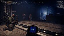 Perspective of a player holding a gun. In front of them is another player holding a spiked bat, and three asleep humanoid monsters. Two of the monsters are standing and glowing.