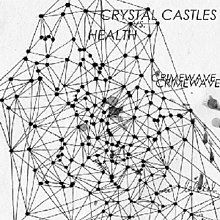 A black and white portrait of a webbed structure connected together by dots. In capital letters to the right top side of the portrait is the words 'Crystal Castles', 'vs' and 'Health'. The title 'Crimewave' is in shadowed capital font in the central right side of the portrait.