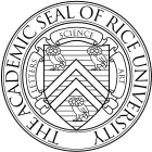 The academic seal of Rice University. A shield divided by a chevron, carrying three owls as charges, with scrollwork saying LETTERS, SCIENCE, ART