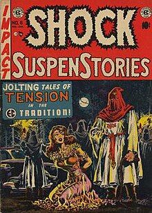 A comic book cover reading "Shock SuspenStories" in white letters on a red background. Below is a colorful illustration of a terrified woman kneeling on the ground surrounded by hooded members of the Ku Klux Klan.