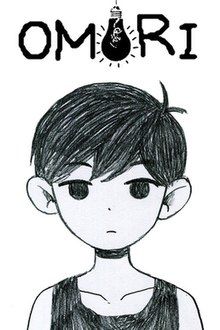 Cover art for Omori. On the top there is a logo that shows the text "OMORI" in a filtered hand-written text, with a black light bulb forming the middle "O". Below it is a monochrome drawing of an emotionless young boy.