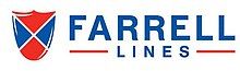 Farrell Lines logo: The logo features a design with a stylized shield motif. The shield, a two engrailed chief and a pointed base, per saltire argent, azure, and gules, charged with two stylized seahorses azure, respectant. Below the shield motif, the text 'FARRELL LINES' appears in all caps. 'FARRELL' is in red, larger, and unbolded, while 'LINES' is in blue, smaller, and unbolded, positioned directly below. Thin horizontal blue lines extend from both sides of 'LINES,' aligning with the width of the 'FARRELL' text above.