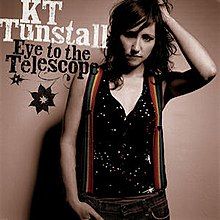 A sepia photograph of Tunstall wearing a black vest and holding her left hand against her head. Stylised in the top left corner are the words "KT Tunstall" and "Eye to the Telescope".