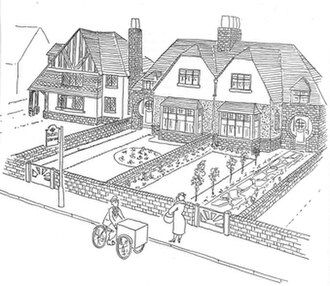 line drawing of a detached house and two semi-detached houses in typical British style of the 1930s, with moch-Tudor fronts and architectural features from other eras