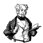 drawing of the head and torso of a bald white man of mature years, holding an open book, with a wry facial expression