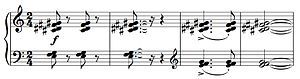 Example of piano tone clusters. The clusters in the upper staff—C♯ D♯ F♯ G♯—are four successive black keys. The last two bars, played with overlapping hands, are a denser cluster.