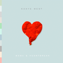 In the centre of a pastel blue background sits a heart balooon. It appears to be completely deflated and riddled with wrinkles. The top reads "Kanye West" while the bottom reads "808s and Heartbreak". To the left in small rectangles lies a palette featuring an array of pastel colors.