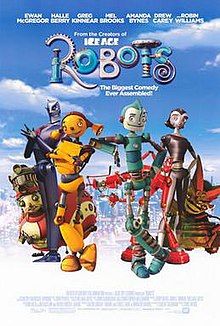 A lineup of the film's characters on top of a background of the Robot City landscape.