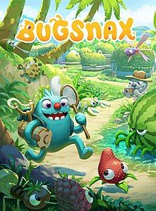 On a lush green island, a furry blue creature holding a net and several other tools is chasing after a smaller creature that resembles a strawberry with eyes. Multiple other creatures, all resembling combinations of various insects and foods, are observing them as they pass. The game's title is positioned at the top of the image.