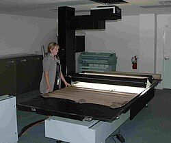 Lady standing at kitchen-table-sized scanner