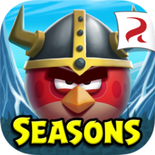 A square-shaped game icon of an angry limbless red cartoon bird with a horned helmet on a blue mountain background. The word "SEASONS" is written below. The Rovio Entertainment logo is inside a white banner located in the top right corner.