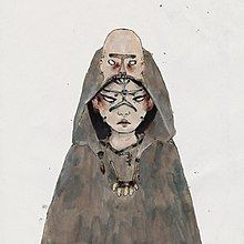 A drawing of a robed person with another human head biting on the top on their head.